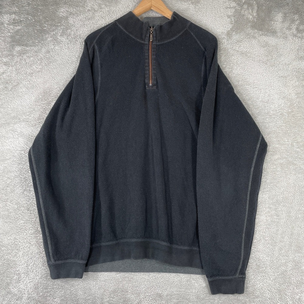 Tommy Bahama Quarter Zip Mens XL Black Cotton Fleece Pullover Coastal Casual